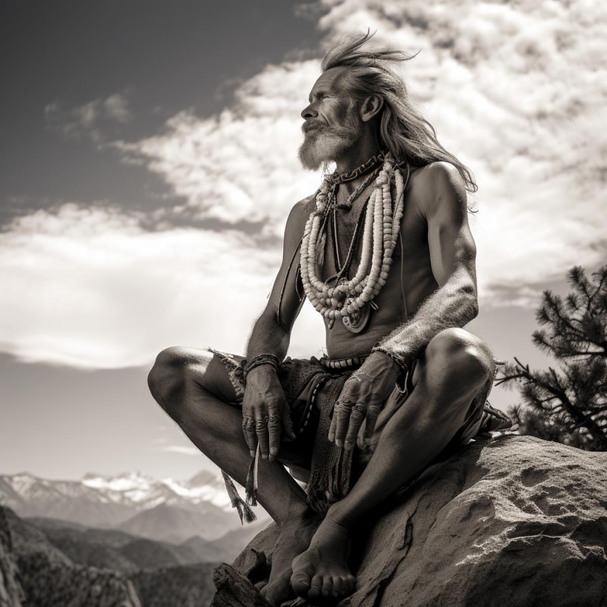 A yogi on a mountain top, in a warrior 4k, looks into the distance at the sky-high horizons, breathing fresh air style Ansel Adams