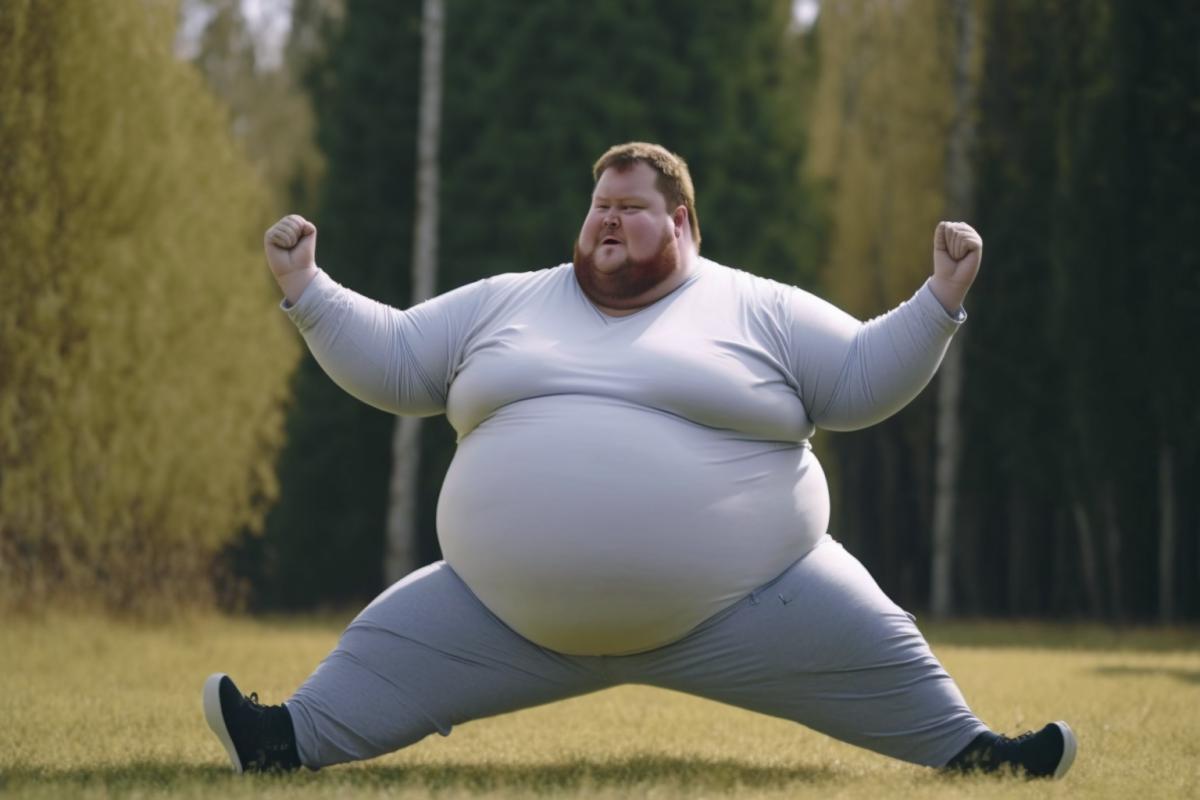 overweight cheerful man doing yoga, virabhadrasana 4k, on a grassy clearing
