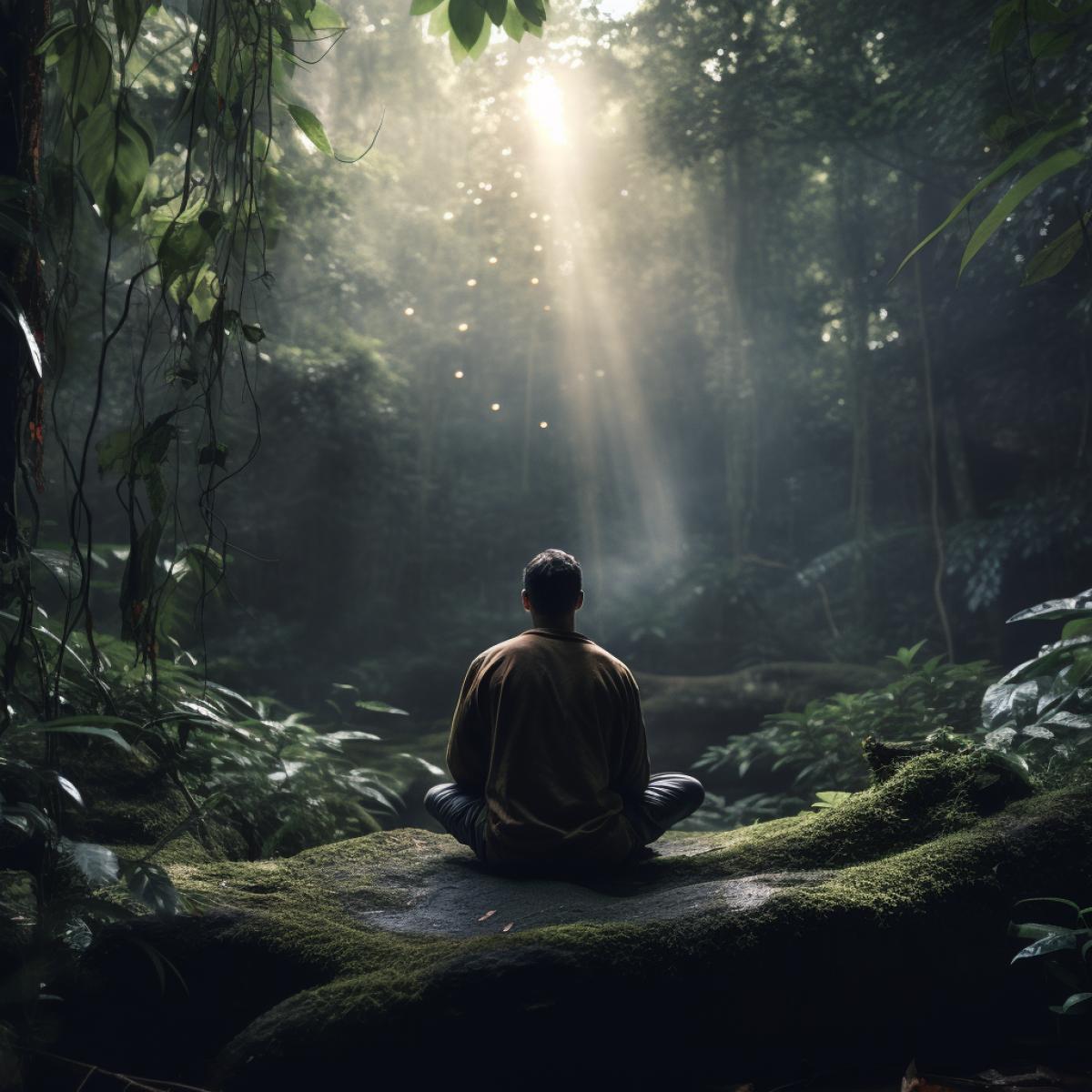 A photograph of a meditating person in semi-darkness, with light filtering through the foliage of trees, creating a peaceful atmosphere