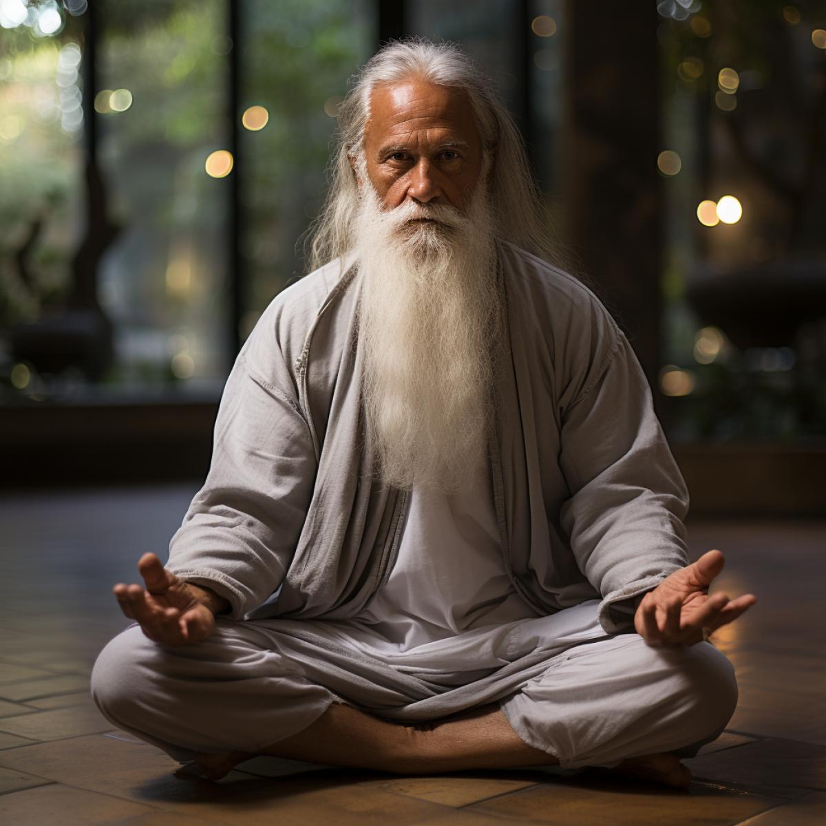 an old yogi with a long white beard, a lean, wiry, very dark Indian, in a white turban and loincloth, demonstrates complex 4ks from a yoga complex, on the streets of Delhi