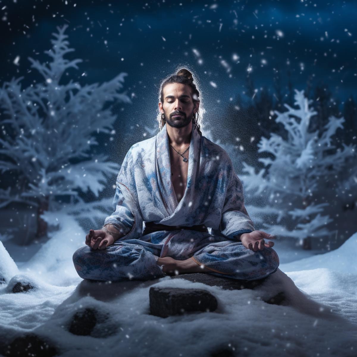 Meditating yogi covered with a thick layer of snow, winter, snowfall, dusk, white and blue color scheme, hyper-realistic photography