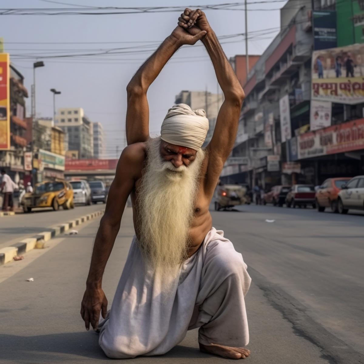 an old yogi with a long white beard, a lean, wiry, very dark Indian, in a white turban and loincloth, demonstrates the Halasana 4k from a yoga complex, on the streets of Delhi