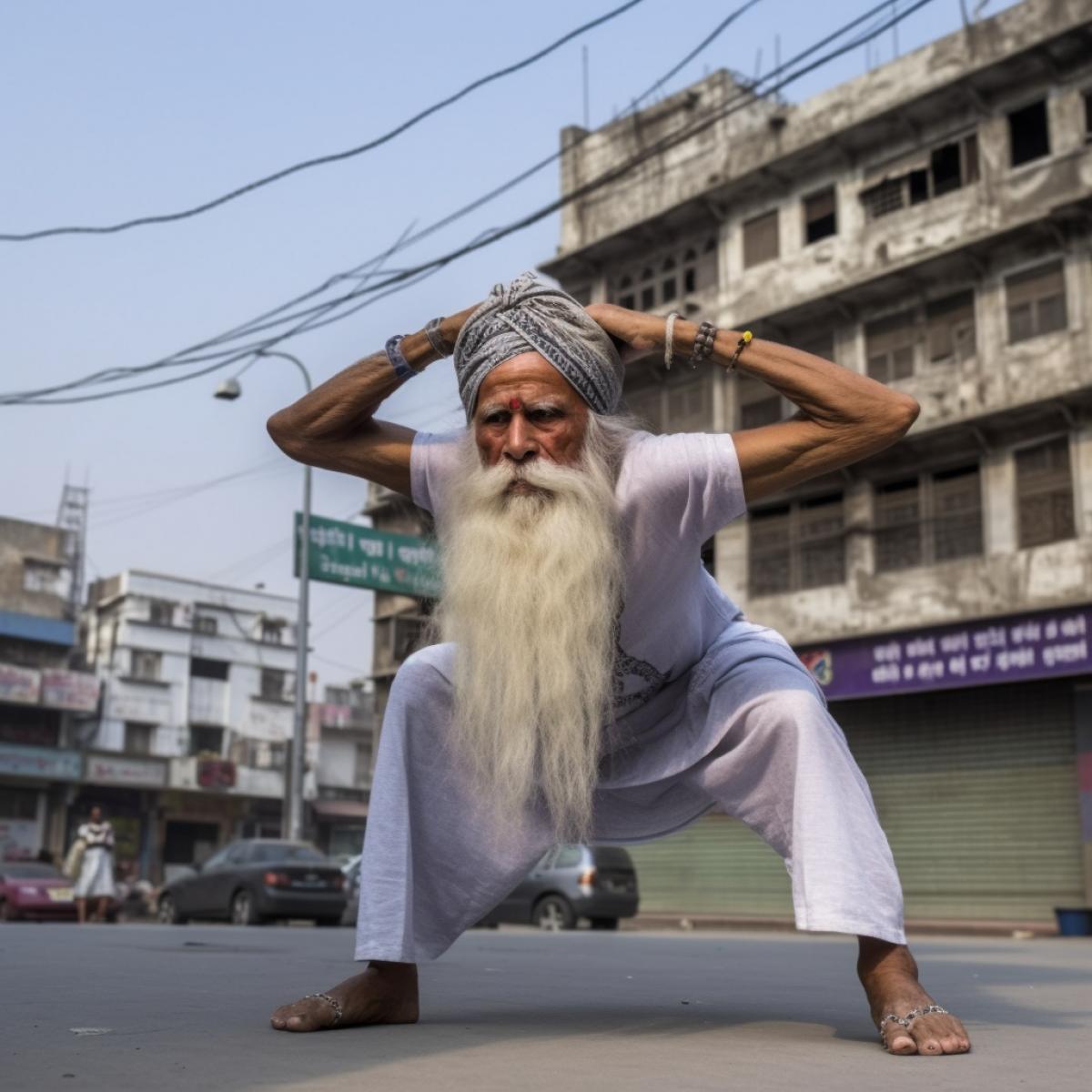 an old yogi with a long white beard, a lean, wiry, very dark Indian, in a white turban and loincloth, demonstrates the Halasana 4k from a yoga complex, on the streets of Delhi