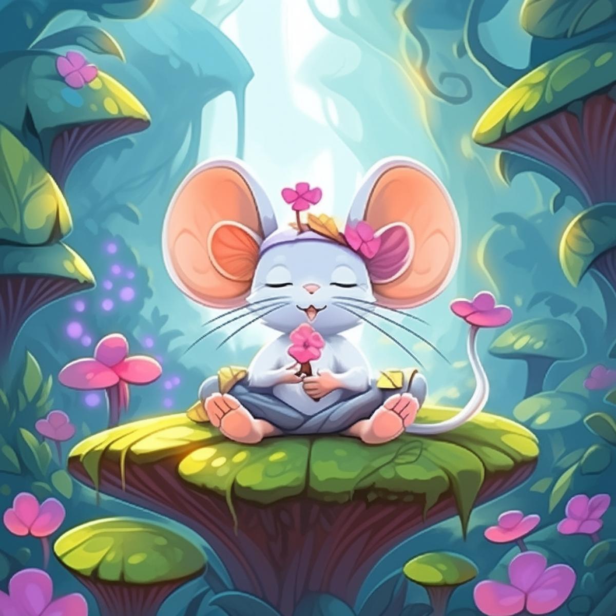 funny cartoon mouse meditates while sitting with his eyes closed in the lotus 4k on a mushroom cap in a fairy-tale forest, under a lotus flower, illustration, author Tonya Tkach