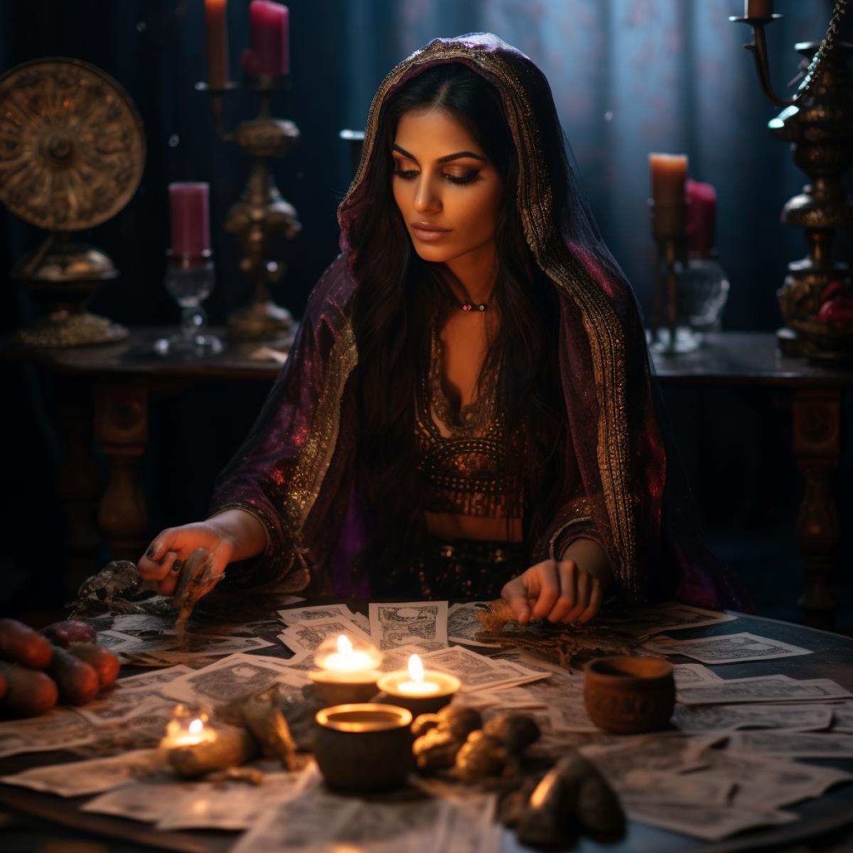 Fortune-teller in a Indian dress makes a reading on tarot cards in a tense, unsettling atmosphere with historically accurate dialogues, capturing the mood of The Witch, featuring rubin