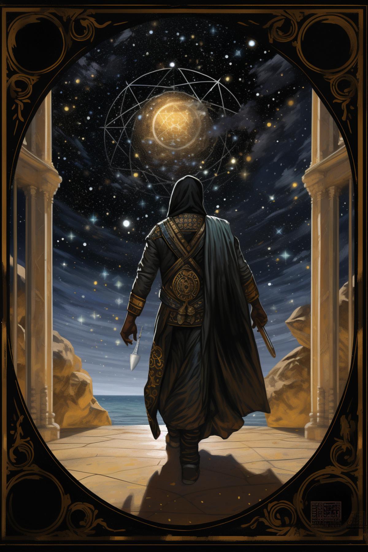 A Tarot card depicting a traveler in ancient garb standing in front of a portal that leads to space. The planets and stars revolve around him, and in his hands is an ancient scroll with a map of the starry sky. His eyes are fixed on the unknown galaxies, and he is ready to take a step into the unknown.