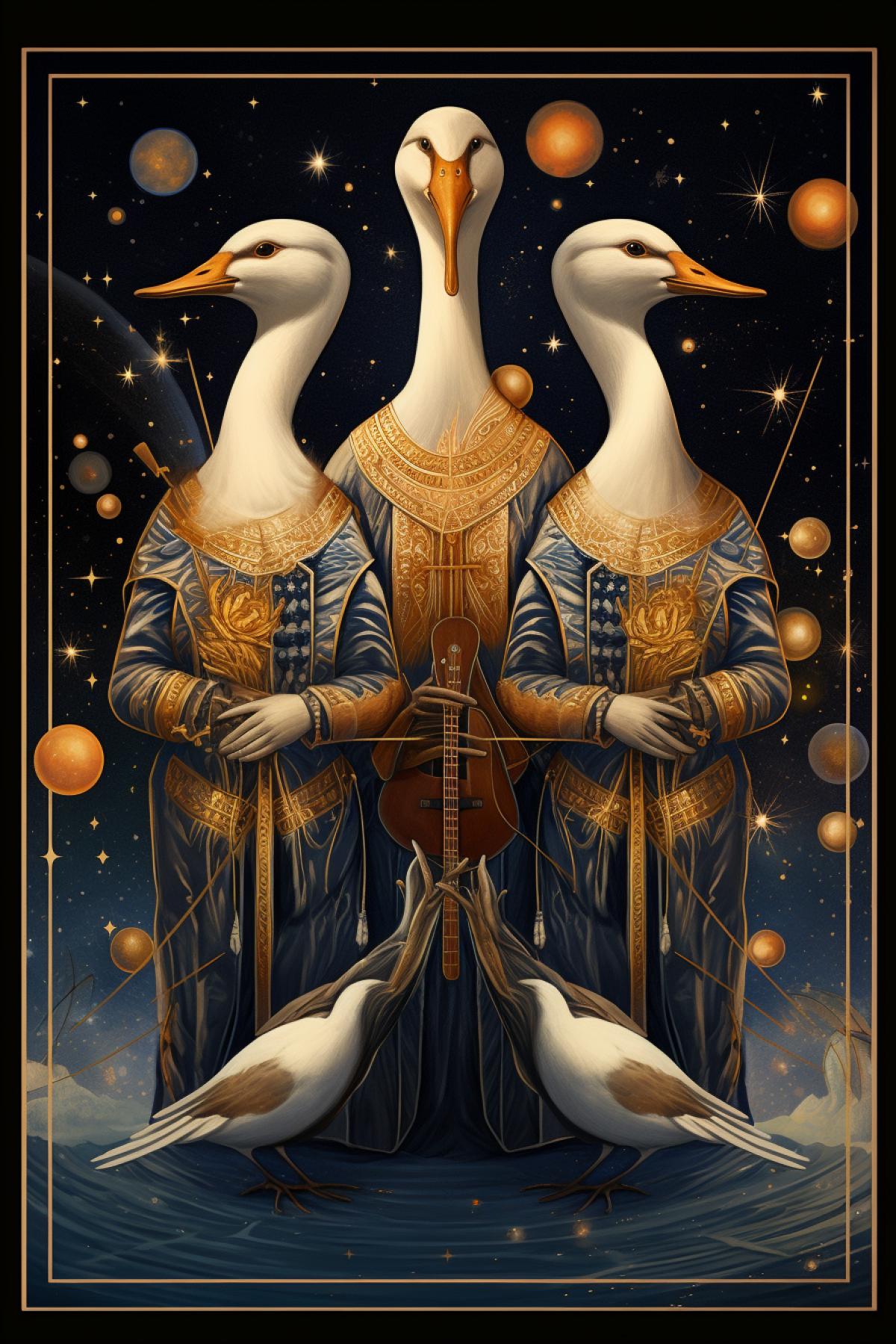 The Tarot card depicts three geese in space suits floating in airless space. They are surrounded by stars and planets decorated with Christmas lights and patterns. The geese carry golden stars in their beaks, which they are going to hang on a giant space tree seen in the distance.