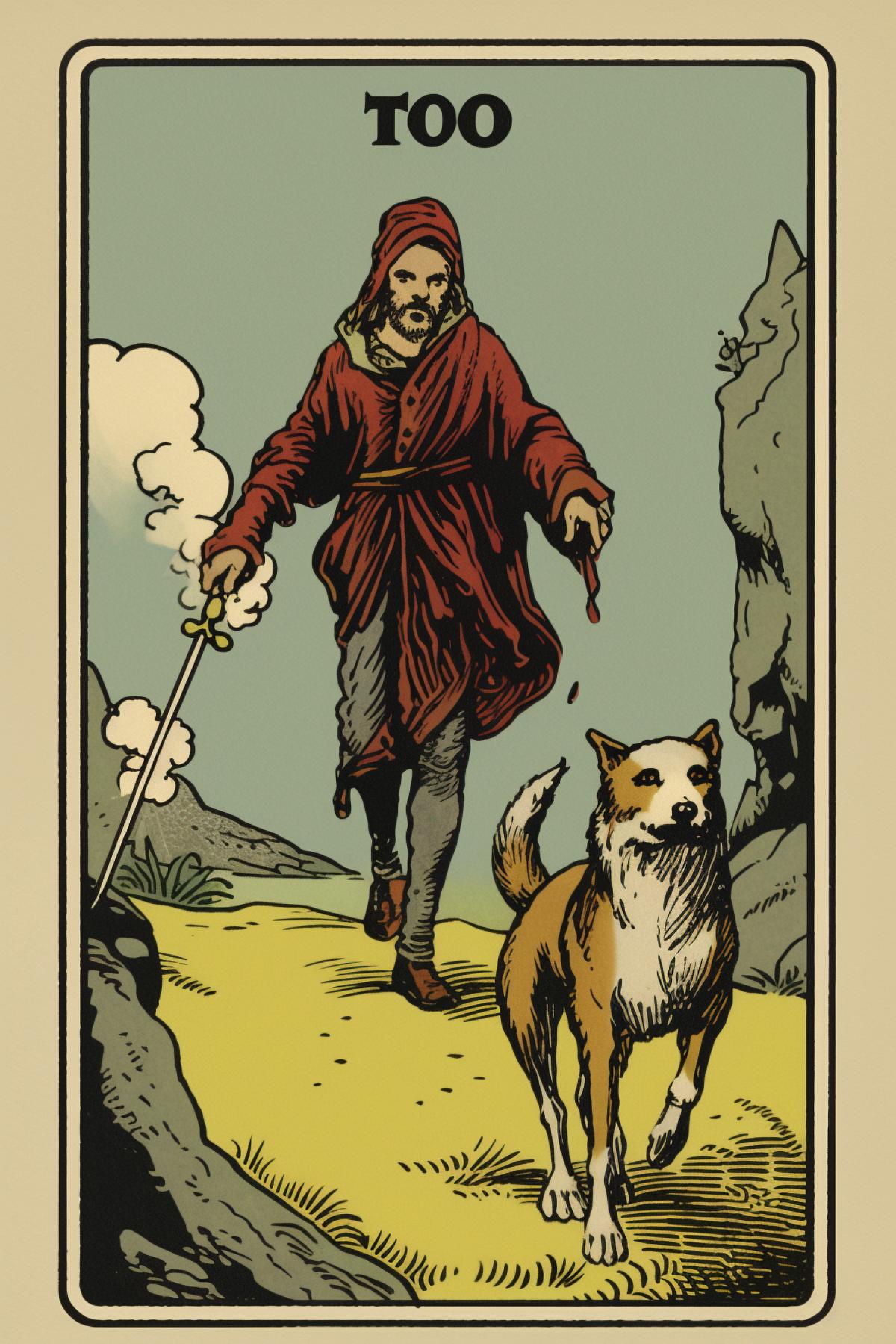 Tarot card. Fool. A man walking into an abyss. Theres a dog nearby. Osho Zen tarot style is a combination of postmodernism and the Rider-Waite deck.