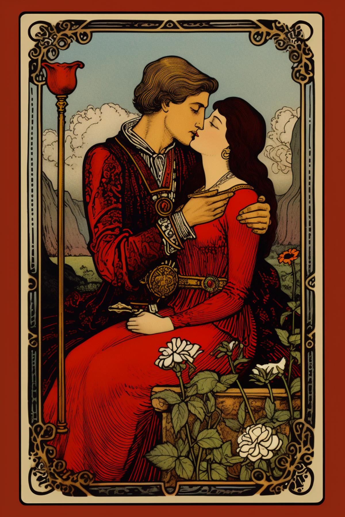 Tarot card. Lovers.kiss. The style is luxurious. Osho Zen Tarot is a combination of postmodernism and the Rider-Waite deck.
