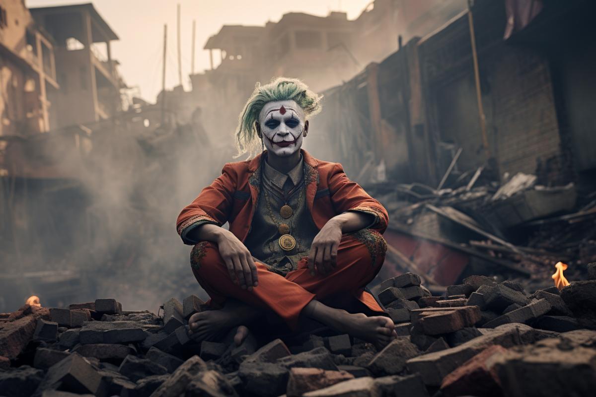 The Joker, dressed like a yogi from India and with a large bindi-like dot on his forehead, sits in lotus 4k amidst the crumbling ruins of a once thriving futuristic city.. His eyes are closed in deep meditation, a serene smile gracing his lips, despite the chaos and devastation surrounding him. Smoke billows in the background, casting long shadows across the ruins. Atop a pile of fallen bricks, a single crow watches the Joker intently.. . Digitally painted illustration, rendered in a hyperrealistic style with detailed textures and subtle lighting.. . Focus on capturing the juxta4k between the Jokers serene expression and the surrounding destruction. Use realistic lighting and shadows to create a sense of depth and atmosphere.. . Art style inspired by the works of M.C. Escher and René Magritte, with a focus on surrealism and optical illusions.. . Color scheme: Dark yet vibrant, with contrasting shades of red, orange, and yellow highlighting the Jokers presence amidst the gray ruins.. .