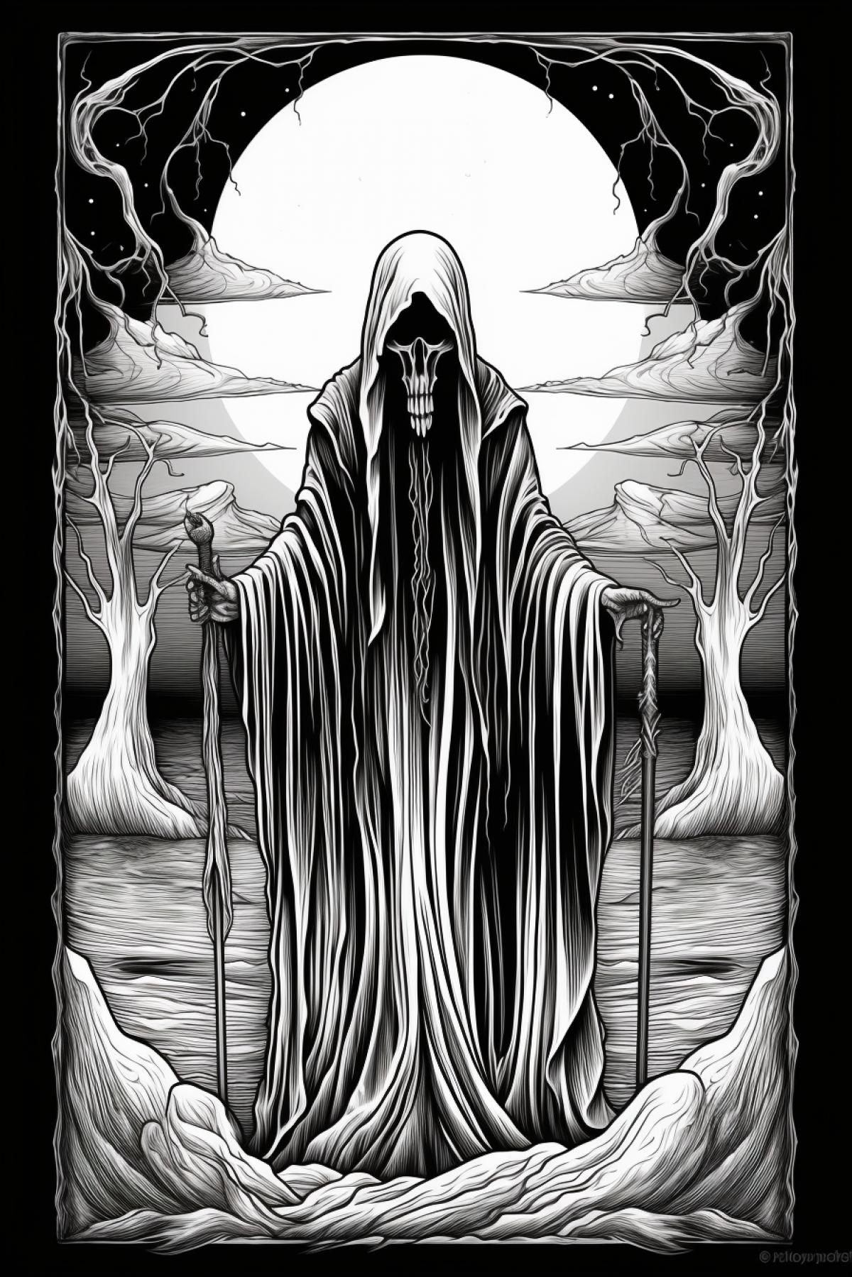 The grim reaper tarot card in the style of Zdzisław Beksiński, H.R. Giger, gediminas pranckevicius,geometric horror art coloring page , cartoon style, no lines, low detail, dark and white, No Shading, no dark