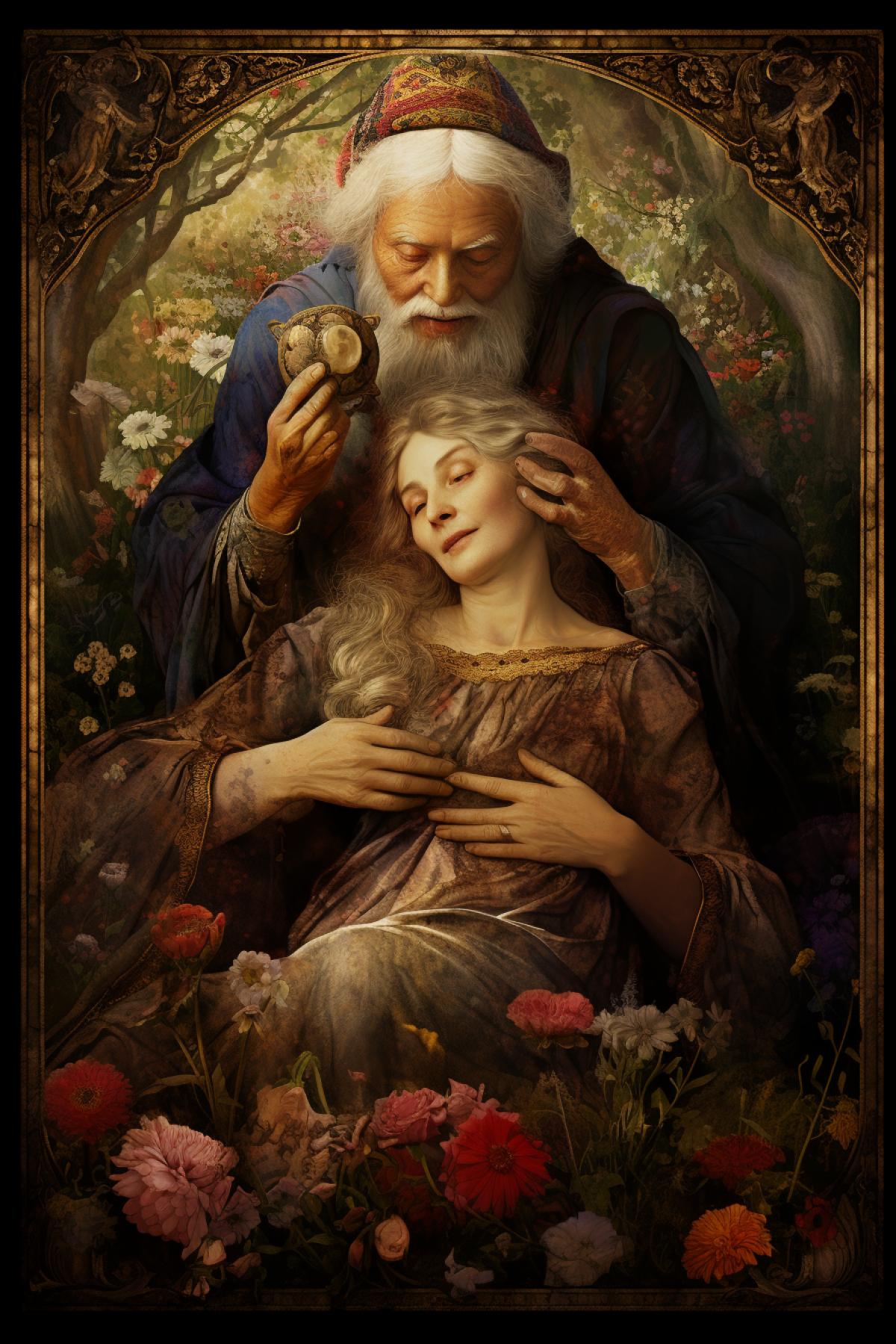 The magician holds the Tarot card Old Woman in his hands. This Tarot card depicts an old woman, her face etched with wisdom and serenity, sits amidst a meadow overflowing with vibrant flowers in full bloom.. . [2] Her eyes are closed, a gentle smile gracing her lips as she welcomes death, personified by a shrouded figure approaching from behind.. . [3] Digital illustration, rendered in a soft, painterly style with pastel colors and flowing lines.. . [4] Emphasize the peaceful transition and acceptance of death. Use soft lighting and gentle brushstrokes to create a sense of tranquility.. . [5] Inspired by the works of Alphonse Mucha and Gustav Klimt, with a focus on Art Nouveau aesthetics and symbolism.. . Color scheme: Soft pastels, with the vibrant flowers contrasting against the old womans white robes and the shrouded figures dark cloak.. . Lighting: Soft, diffused light emanating from the flowers, creating a dreamlike atmosphere.. . Com4k: The old woman is 4ked in the center of the