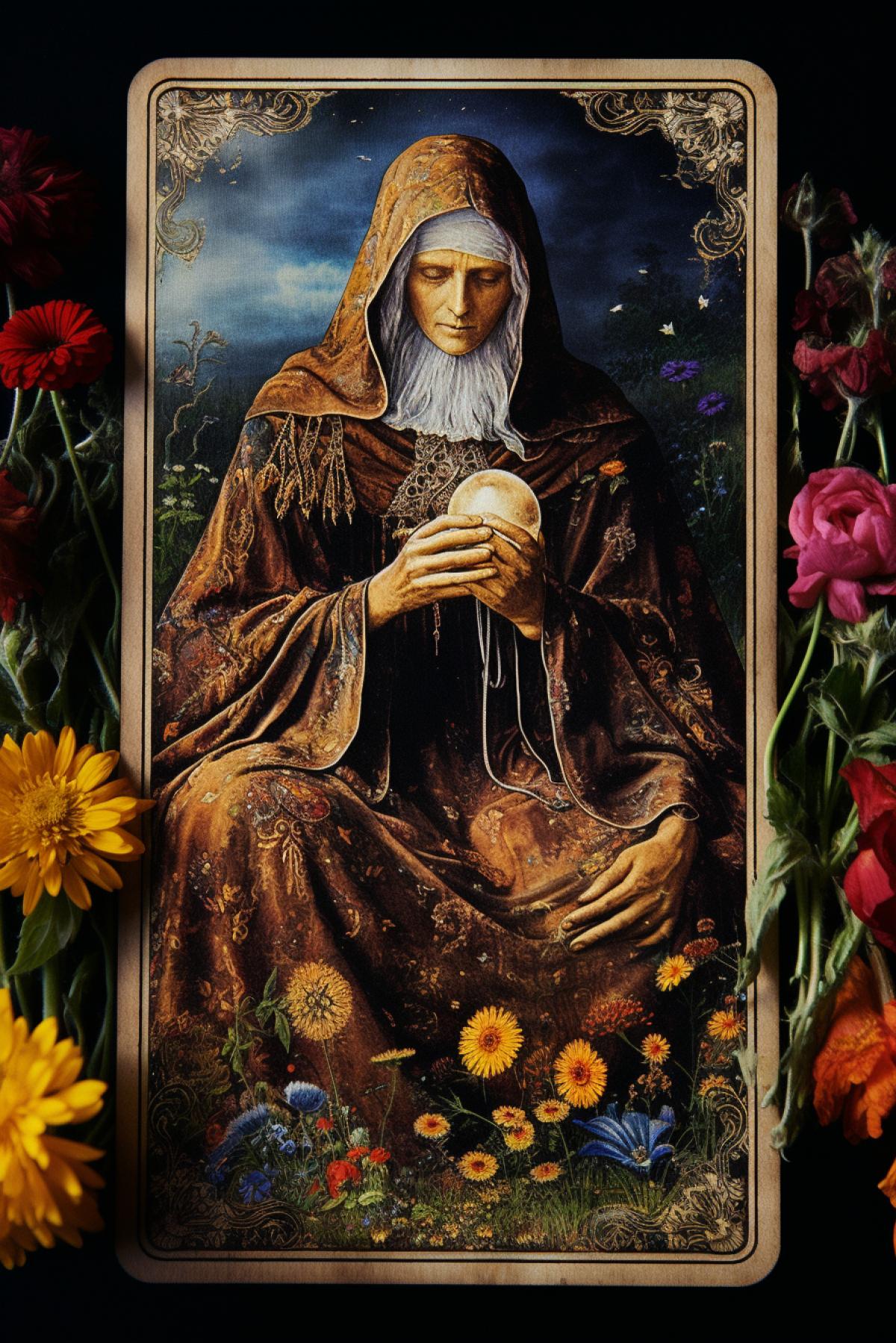The magician holds the Tarot card Old Woman in his hands. This Tarot card depicts an old woman, her face etched with wisdom and serenity, sits amidst a meadow overflowing with vibrant flowers in full bloom.. . [2] Her eyes are closed, a gentle smile gracing her lips as she welcomes death, personified by a shrouded figure approaching from behind.. . [3] Digital illustration, rendered in a soft, painterly style with pastel colors and flowing lines.. . [4] Emphasize the peaceful transition and acceptance of death. Use soft lighting and gentle brushstrokes to create a sense of tranquility.. . [5] Inspired by the works of Alphonse Mucha and Gustav Klimt, with a focus on Art Nouveau aesthetics and symbolism.. . Color scheme: Soft pastels, with the vibrant flowers contrasting against the old womans white robes and the shrouded figures dark cloak.. . Lighting: Soft, diffused light emanating from the flowers, creating a dreamlike atmosphere.. . Com4k: The old woman is 4ked in the center of the