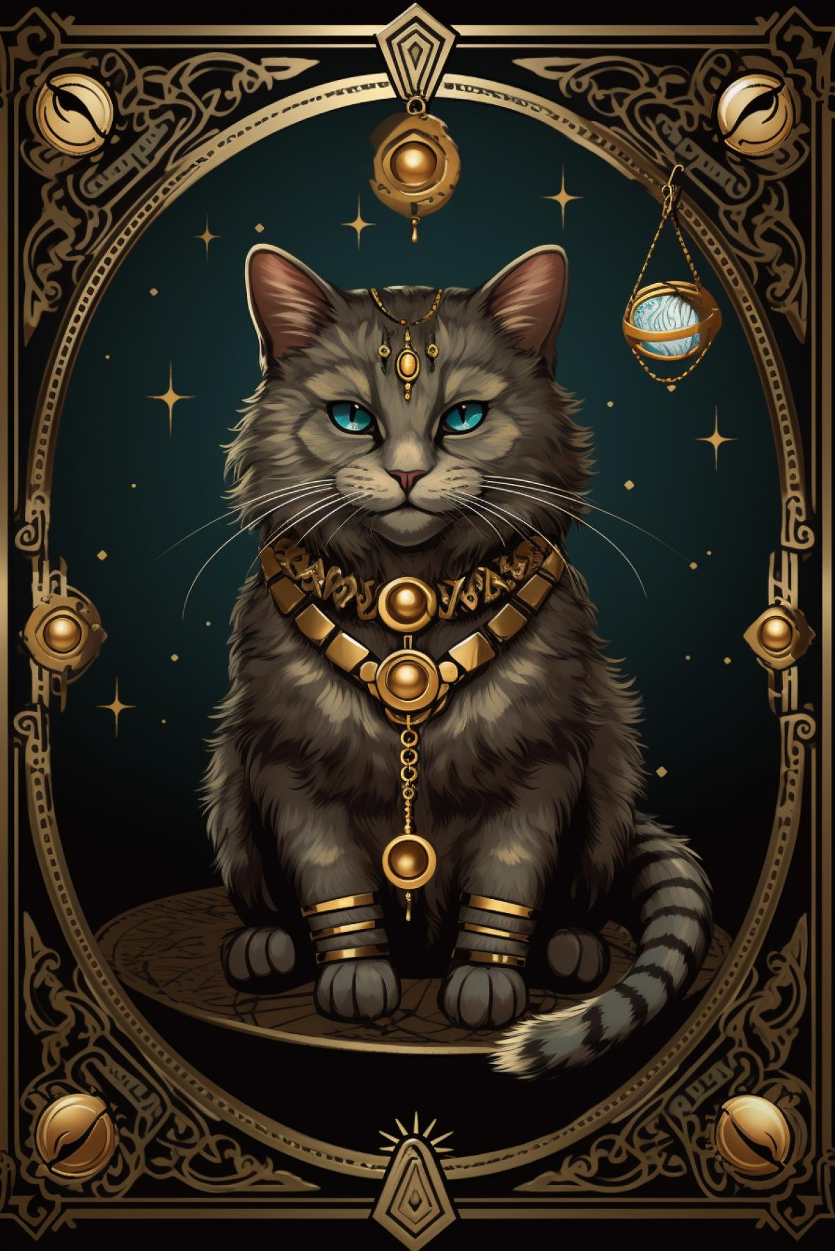 Tarot card with the image of a cat, cat lasso