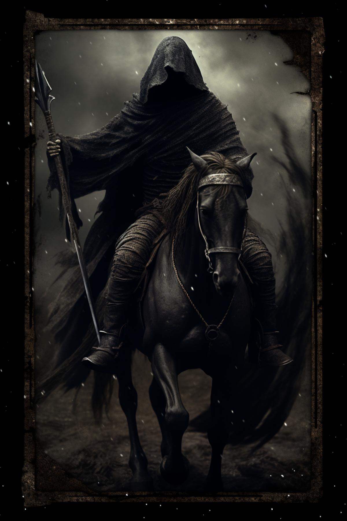 Death Tarot card image, a skeleton in a hooded cloak riding a horse, in the style of dark fantasy, nightmare, tilt-shift lens, tilt angle perspective, horror, dark evil atmosphere, morbid and ashen light, hyper-detailed, emphasis on detail, photorealistic, intense shading, clean sharp focus, depth of field, dynamic movement, dynamic com4k