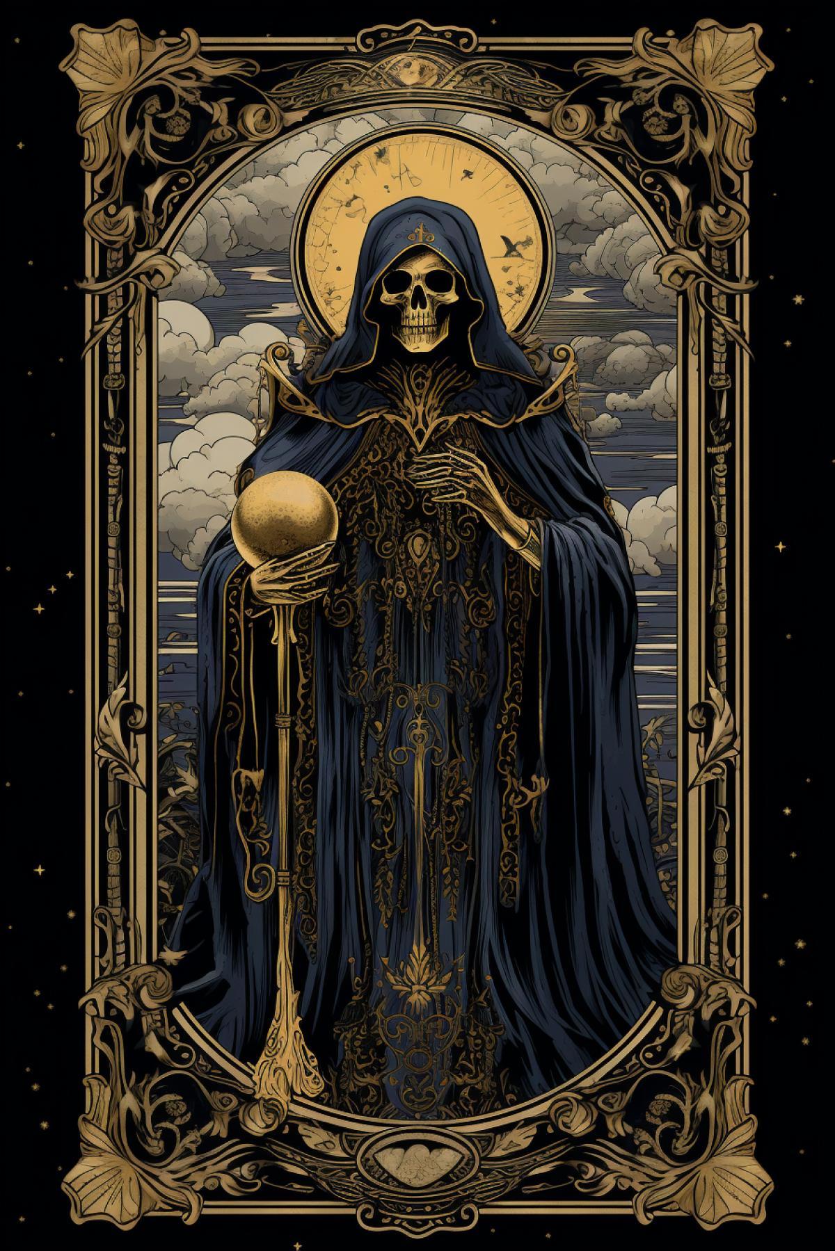 An ornate tarot card, god of death , with a text at the bottom of the card, close on face, tarot card, front and two sides, its full of mystical magic, the front and two sides are on the card, the overall color is dark and gold