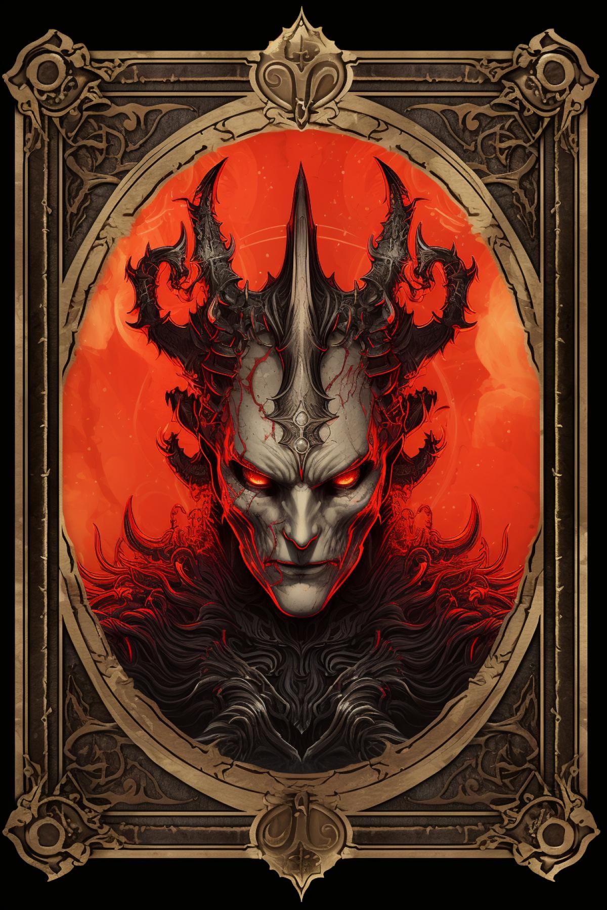 An ornate tarot card, red liquid Devil king , with a text at the bottom of the card, horror, gothic, hell, close on face, tarot card, front and two sides, its full of mystical magic, the front and two sides are on the card, the overall color is dark and gol