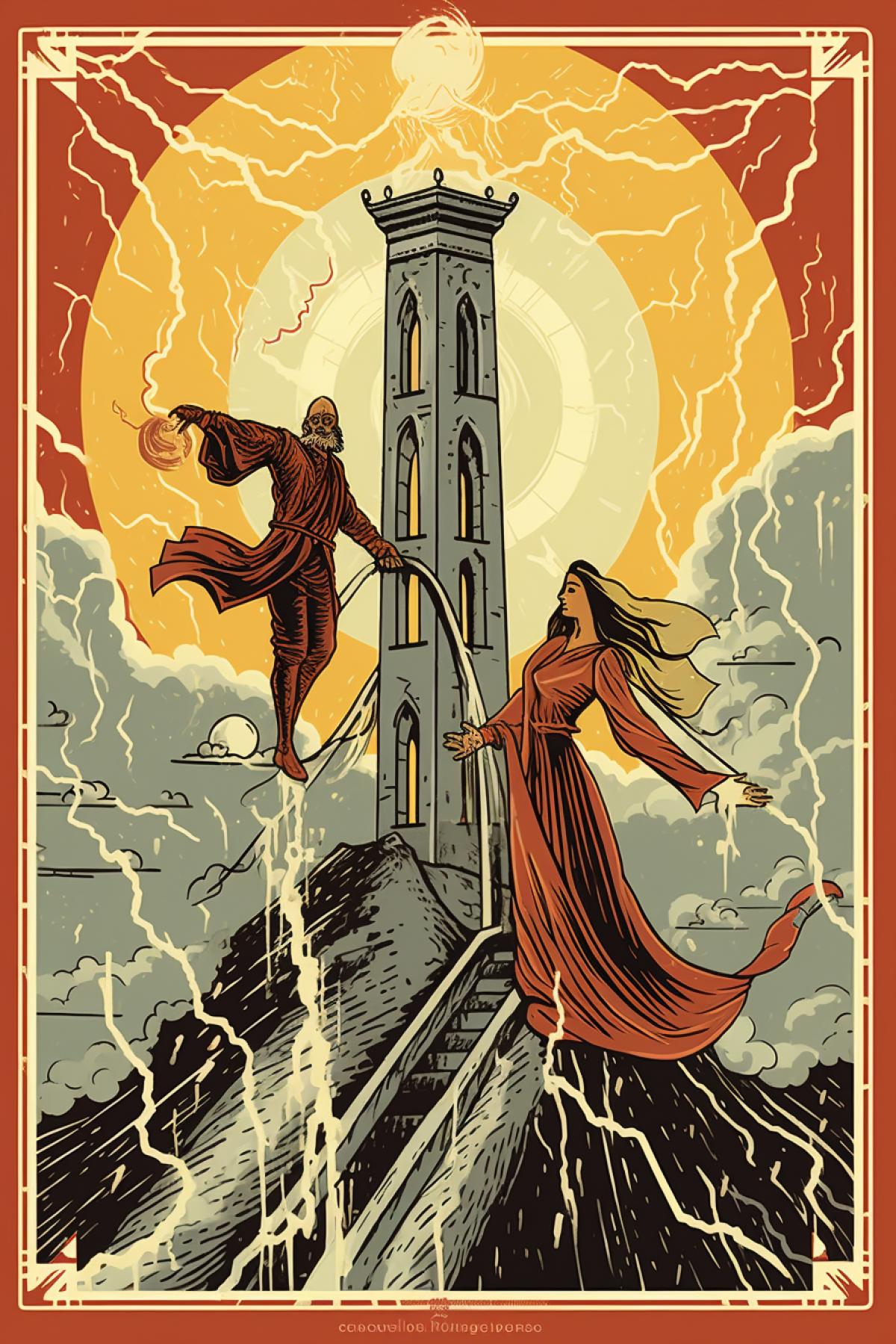 Tarot card. Lightning strikes the tower. A man and a woman jump from the tower. The style is luxurious. Osho Zen Tarot is a combination of postmodernism and the Rider-Waite deck.
