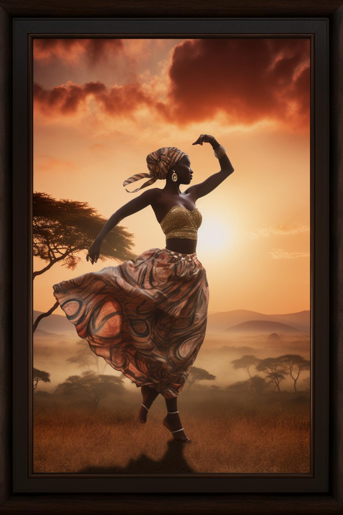 Afro-cuban dance on African landscape photo enframed with African ornament