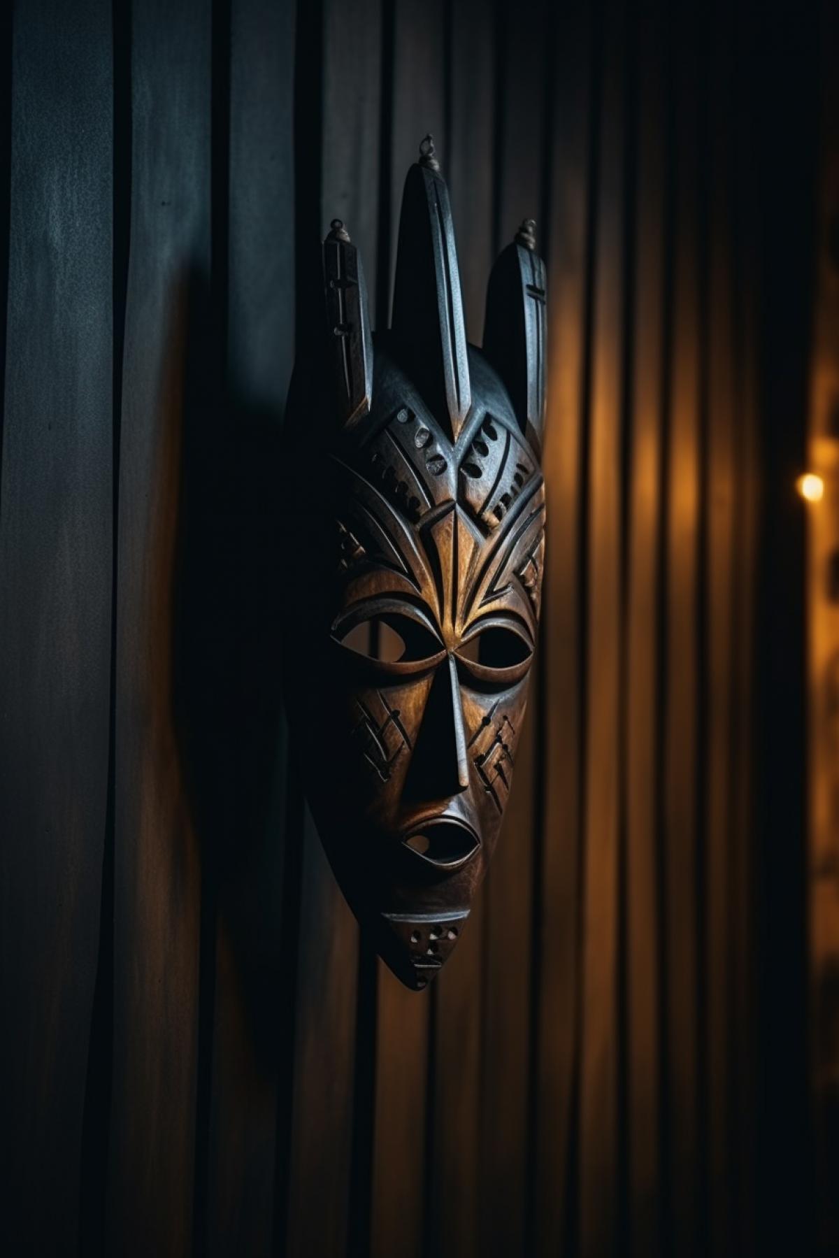 African wooden mask on the wall mysterious lighting low view wide angle