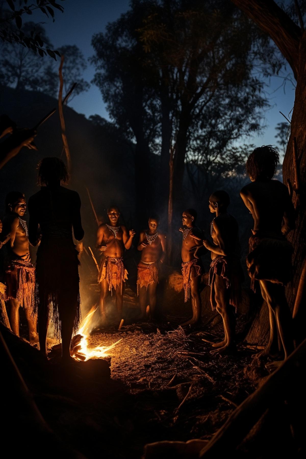 Tumbayumba African tribe community in natural environment late at night