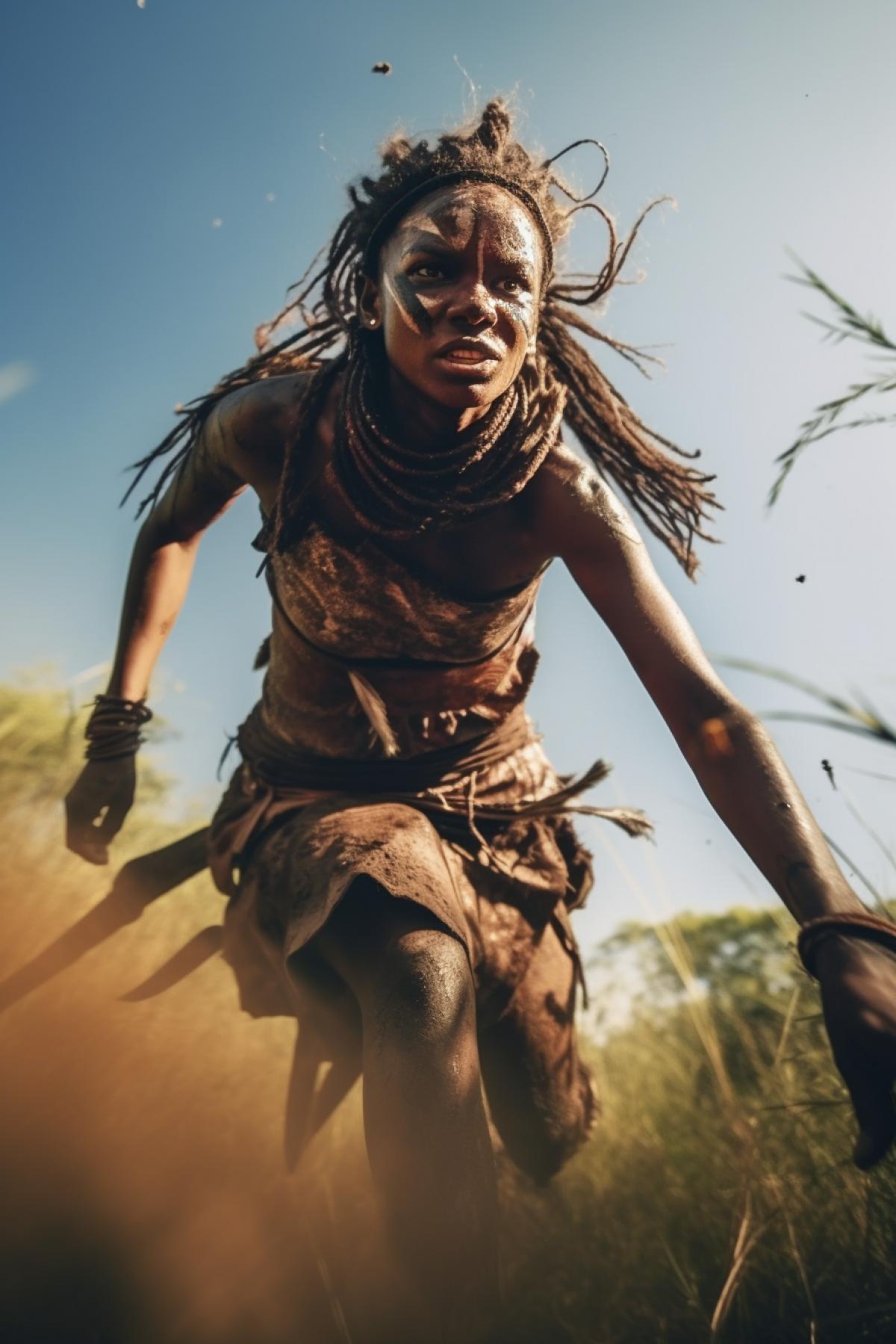 Surma tribe woman in Africa full height in epic 4k attacking low view passion