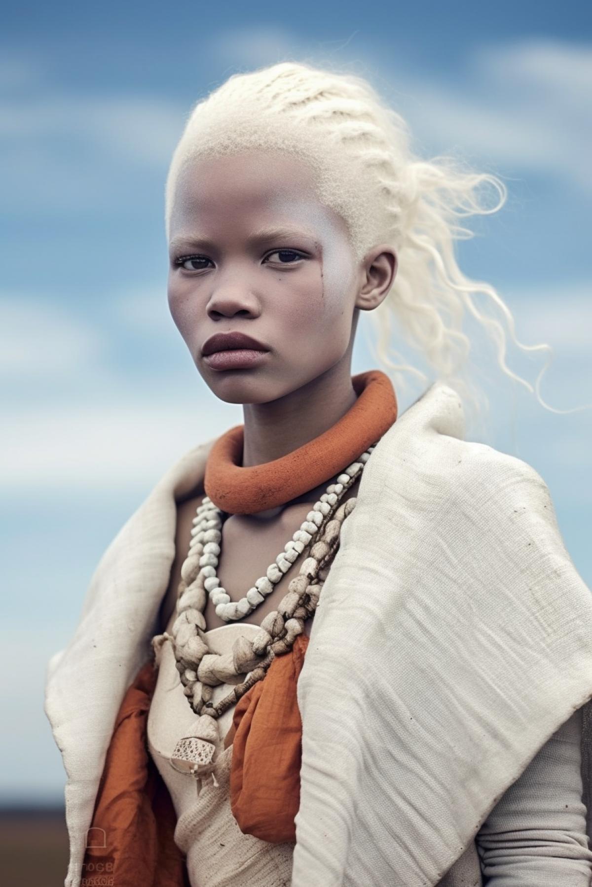 Beautiful albino girl from an African tribe in traditional African clothing in full growth against the backdrop of Africa