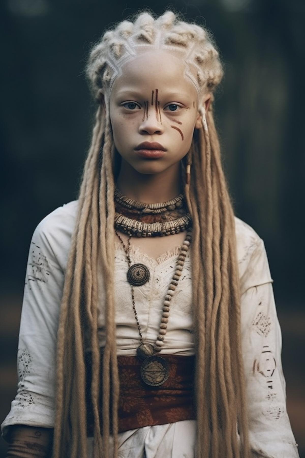 Beautiful albino girl from an African tribe in traditional African clothing in full growth against the backdrop of Africa
