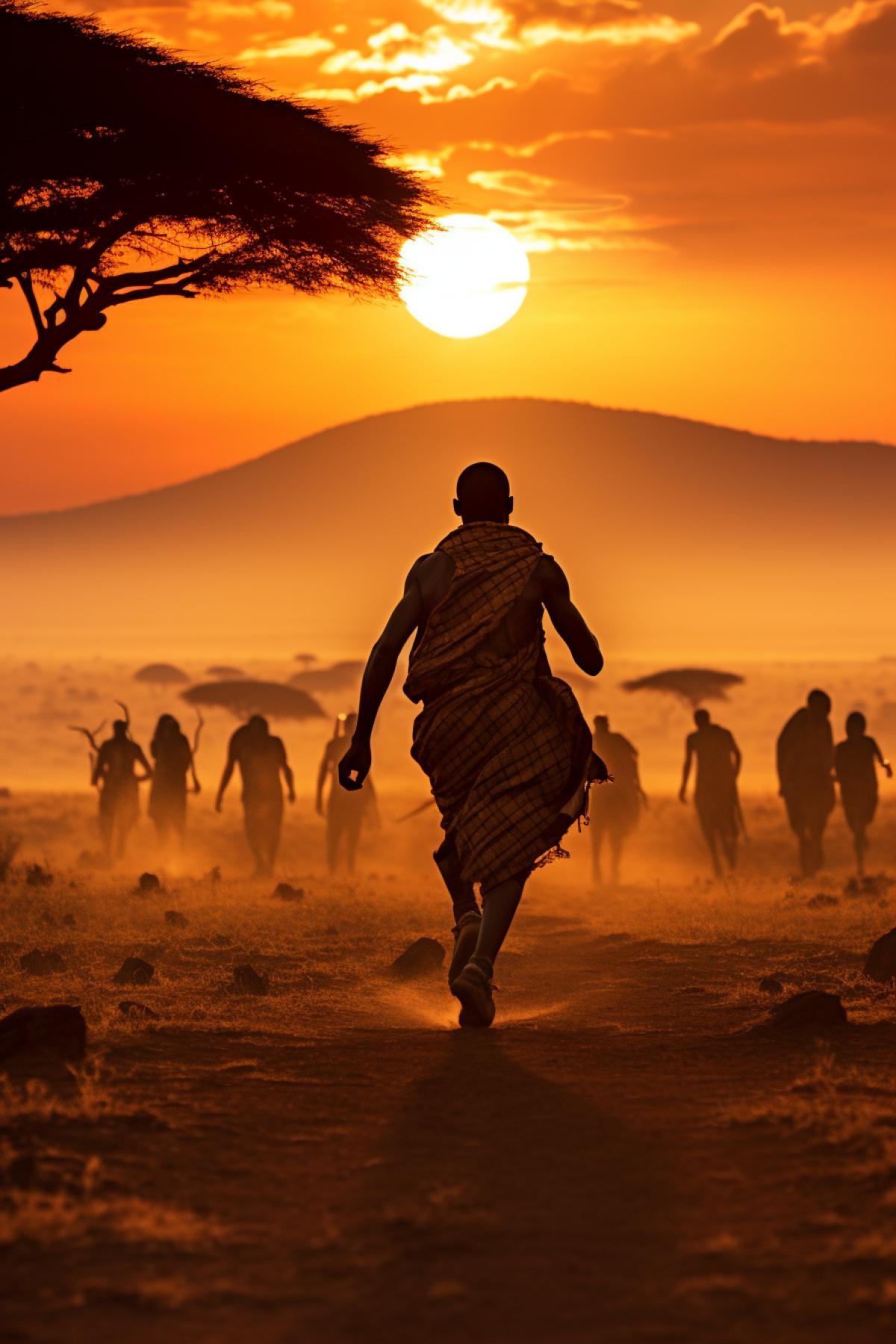 Man of ghjjjjgf tribe epically rushing hunting fggdhgg in savanna sunset over Kilimanjaro