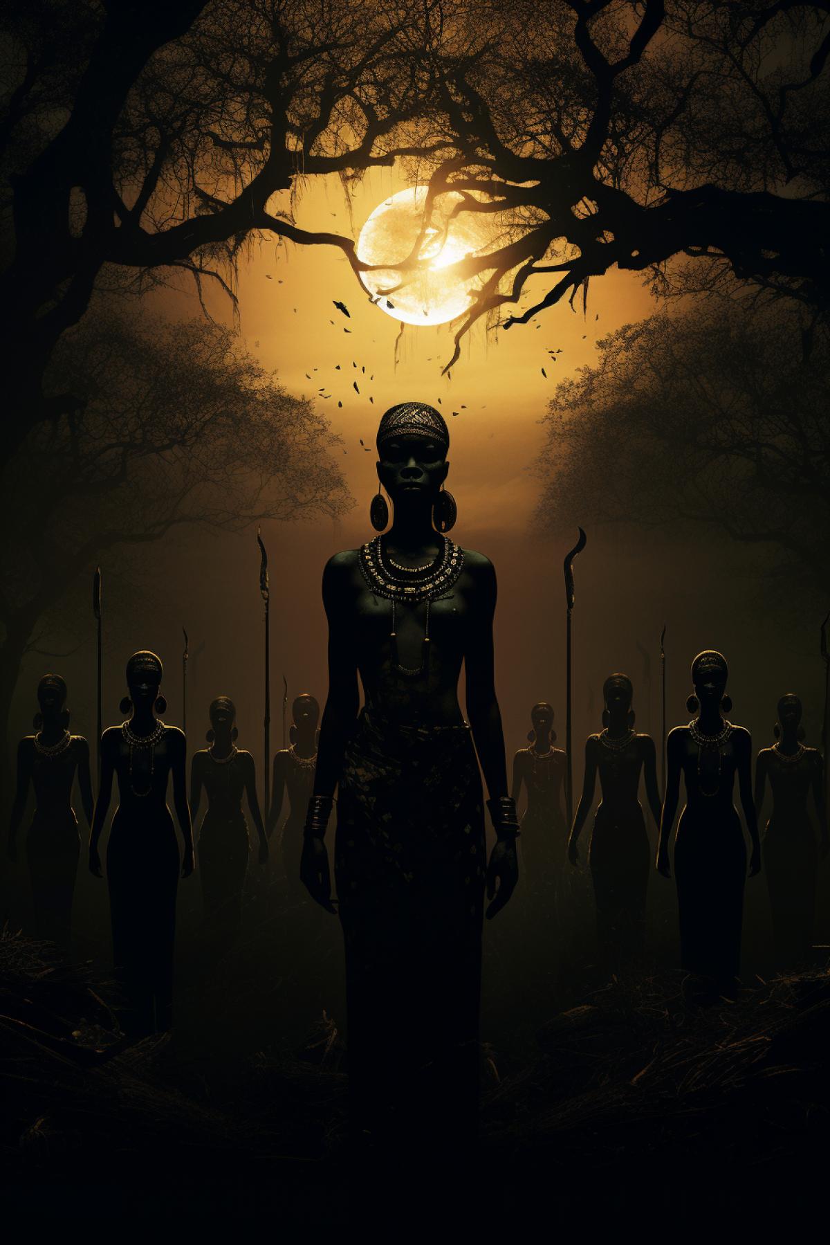 Ytrewqasd dark continent savage tribe in national hggdyjgs with vbghfdsy with fggyyggff faces reflecting kjjhhygff emotions full height general view low view twilight savannah