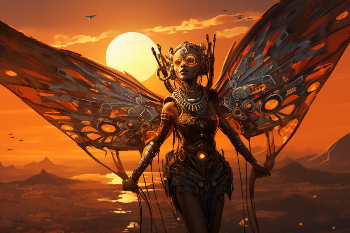 An African tribe from the future, adorned with luminous painting and technological accessories, soaring through the air on biomechanical wings. The background depicts a vibrant savannah terrain flooded with the light of a double sunset.