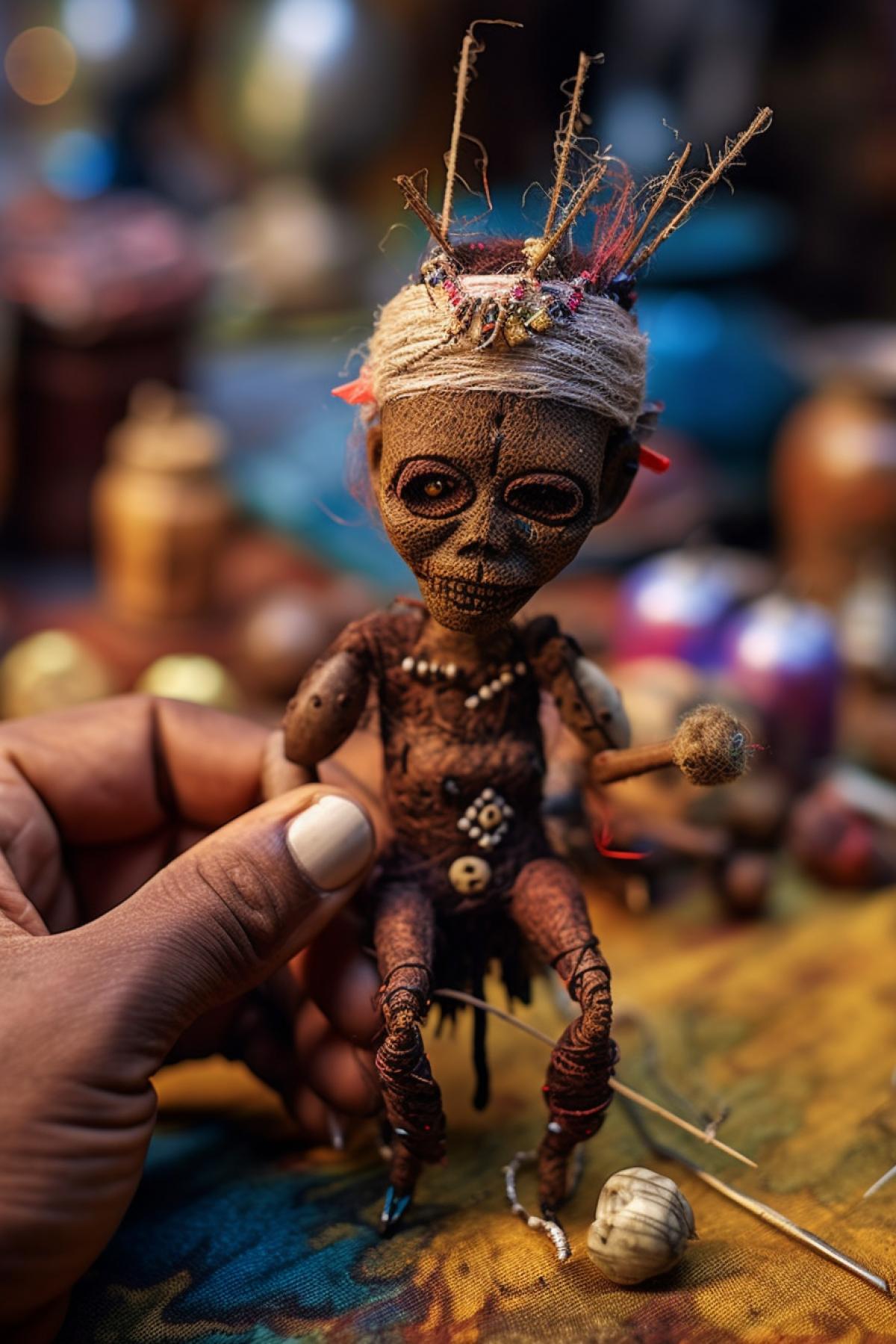 African voodoo sorcerer pierces a voodoo doll with needles