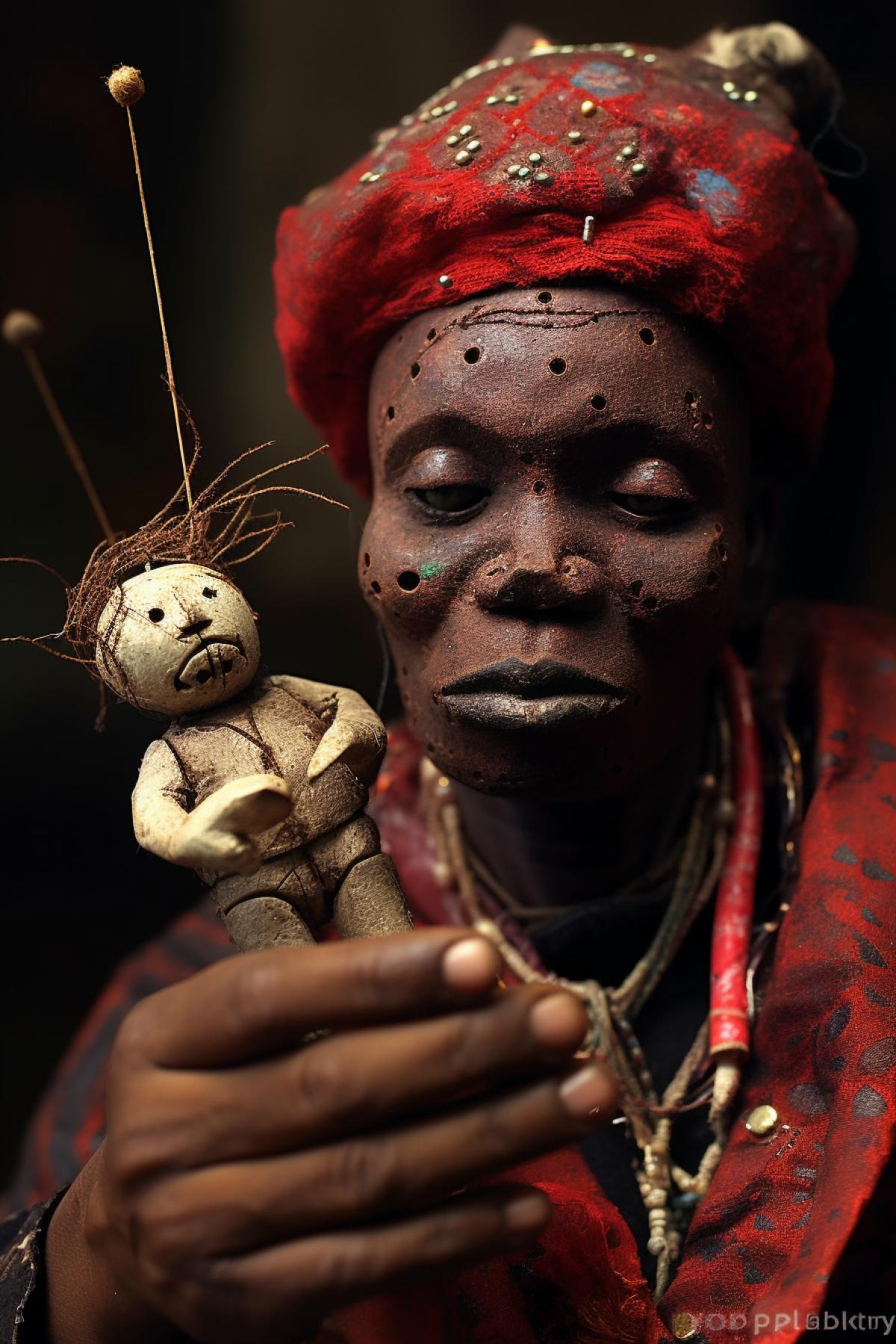 African voodoo sorcerer pierces a voodoo doll with needles