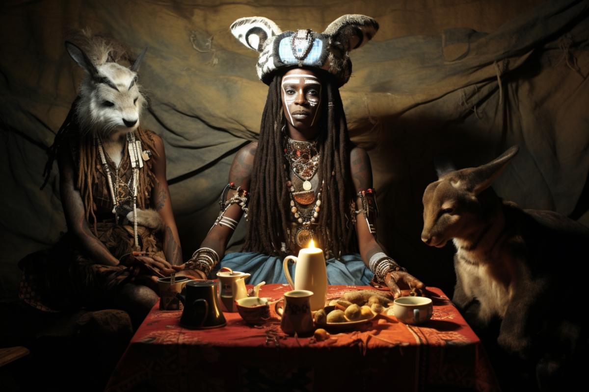 Portrait of dark Alice in Wonderland in stone age, primitive tribe, Africa., tea party with Hatter and March Hare in African tribe. Alice is in a loincloth and luxuryfoot. Fullbody, wide shot, Alice has tribal tattoos and face paint, and she is wearing animal skins, bones, and feathers. Shes luxuryfoot. She is sitting at a round table with the Hatter and the March Hare, who are also adorned with tribal symbols. They are surrounded by fire, and they are performing a ritual, with chants, drums, and gestures. surrealism-inspired, full-body in motion, 16mm film, wide angle, wild, mysterious, and dark, 4k, high quality photography, with depth of field.