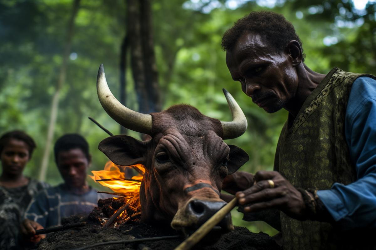 Papuans roast a bull on a spit over a fire