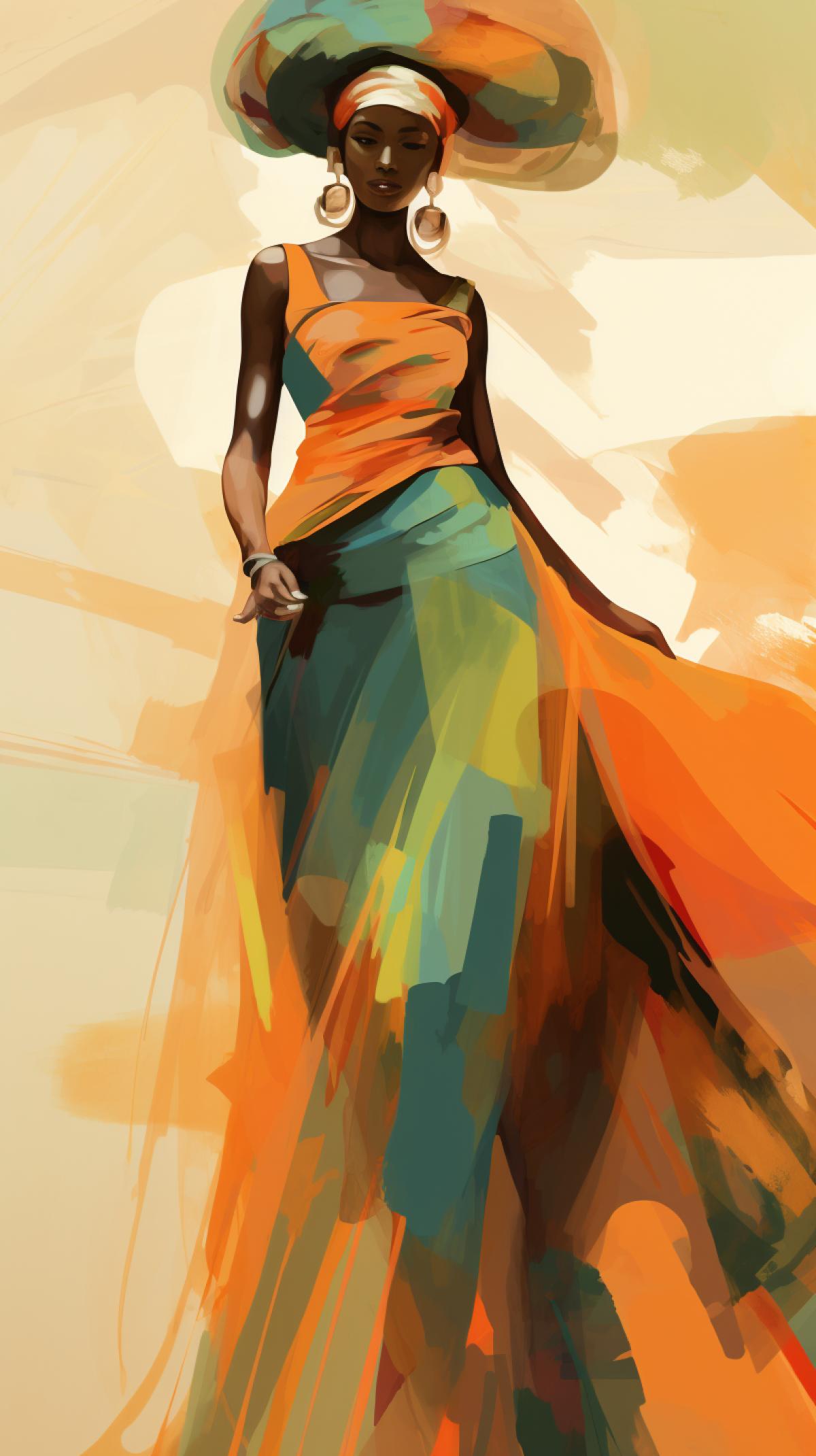 a painting of a woman in a long skirt, in the style of chromatic purity, African traditional-inspired, orange, brown and green, psychedelic illustration, subtle nuances, wash drawing