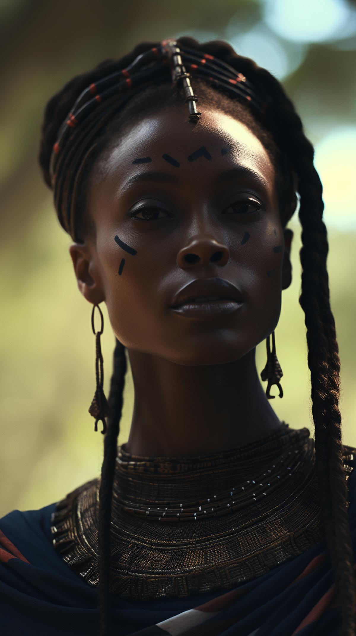 Ultra realistic photo of beautiful woman from a primitive African tribe, high fashion 4k, atmospheric, cinematic, high definition, depth of field, 8K, in the style of a kodak portrait