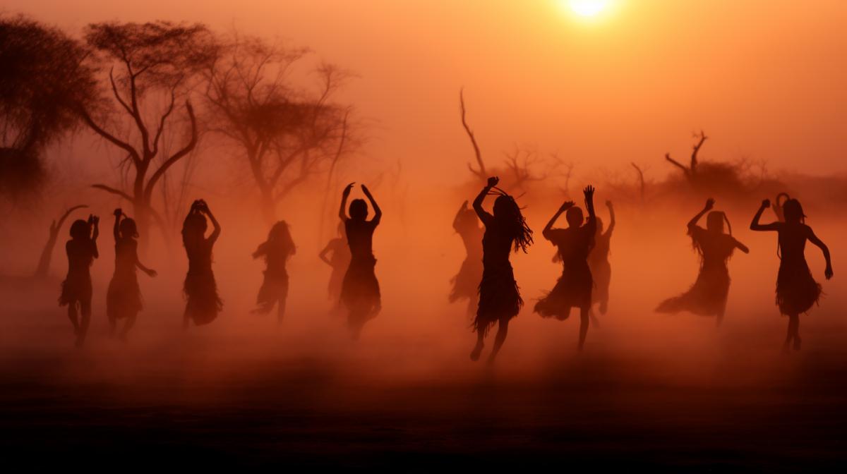 ritual dances of an African primitive tribe, Sunrise, neon oranges, mist rising, dancers silhouettes, scent of rain on earth, Fujifilm GFX quality, ultra-realistic textures, vibrant yet natural color palette, minimalist desert photography