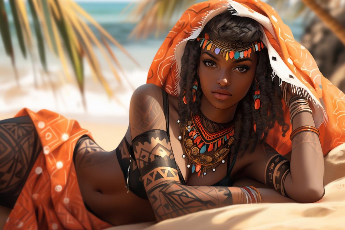 Glamour shot beautiful african woman anime in traditional outfit of primitive African tribes reclines on a beautiful beach, tattoos, muse in the style of realism with fantasy elements, orange and brown, ethereal details, queencore, luxuriousity, Flirty, luxury Gaze, unreal engine, hyper-realistic, ultra-detailed