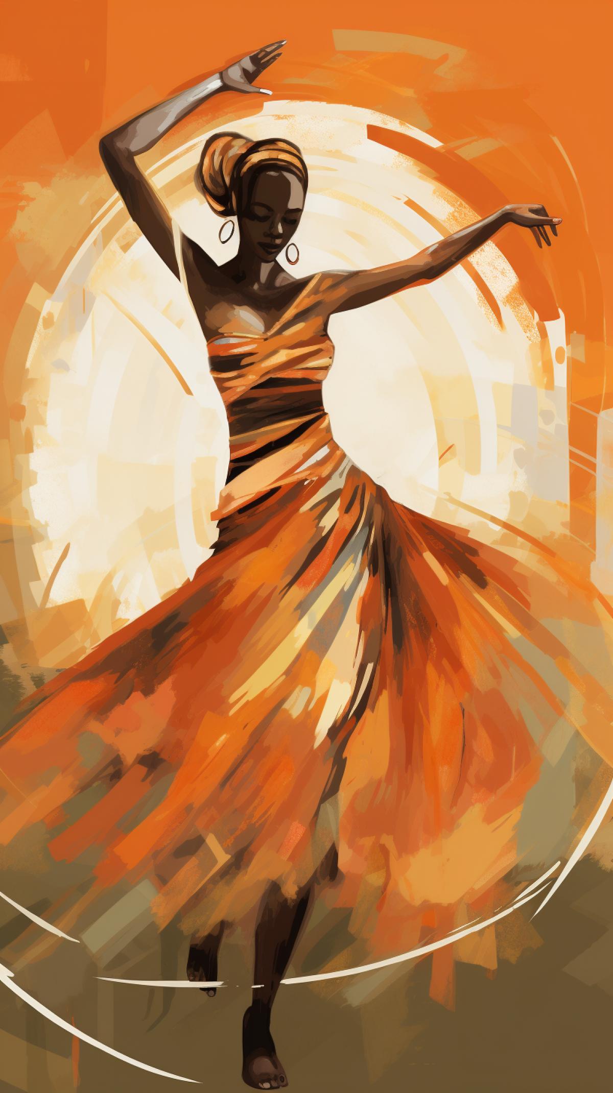 a painting of a woman dancing a ritual dance in the straw skirt of primitive African tribes, in the style of chromatic purity, African traditional-inspired, orange, brown and green, psychedelic illustration, subtle nuances, wash drawing