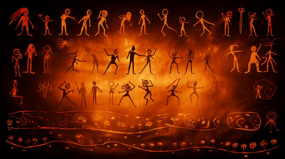 ritual dances of an African primitive tribe in Virtual Cave Painting style, featuring orange and brown prehistoric motifs in a digital cave