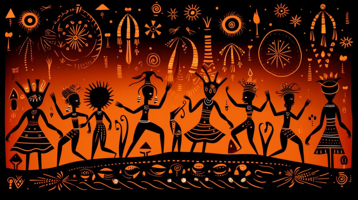 ritual dances of an African primitive tribe in Folk Art style, featuring orange and brown, traditional motifs