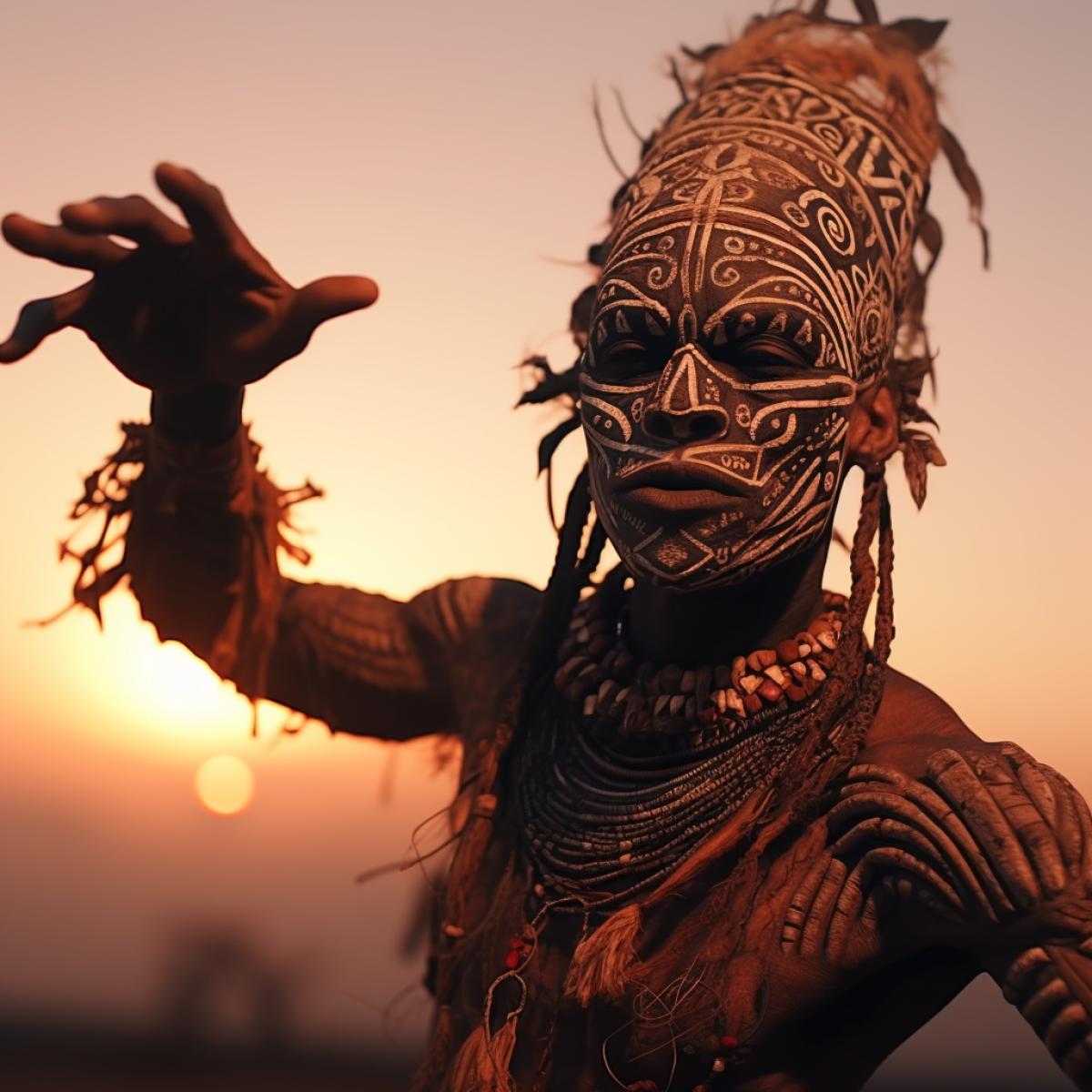 African masked shaman dancing ritual dance, tattooed body, sunset, expressive and dynamic com4k, play of shadow and light, mysterious and frightening atmosphere, photorealistic, highly detailed