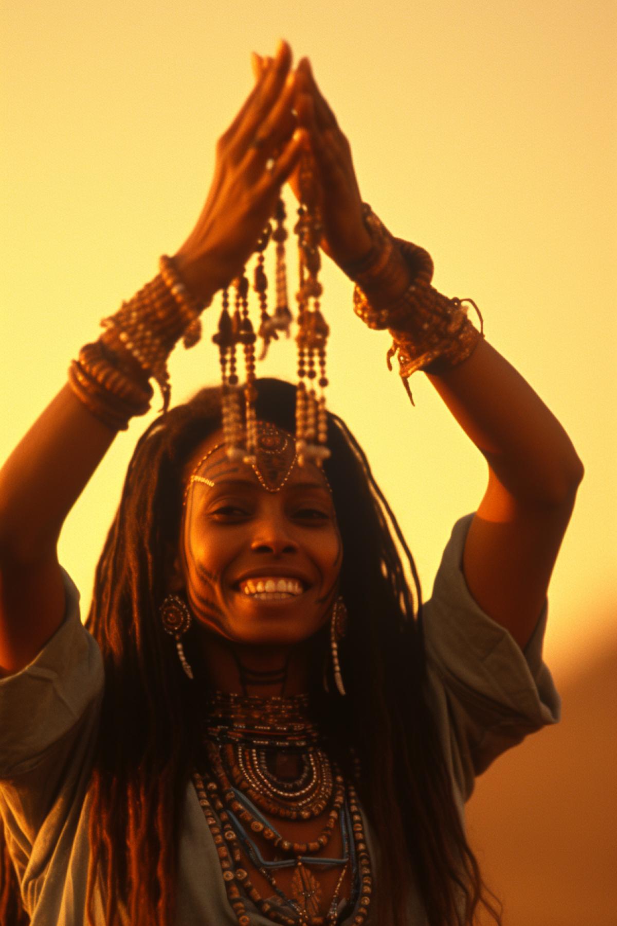 a young female shaman of an African tribe dances the dance of calling rain, in full body, near a fire in the desert