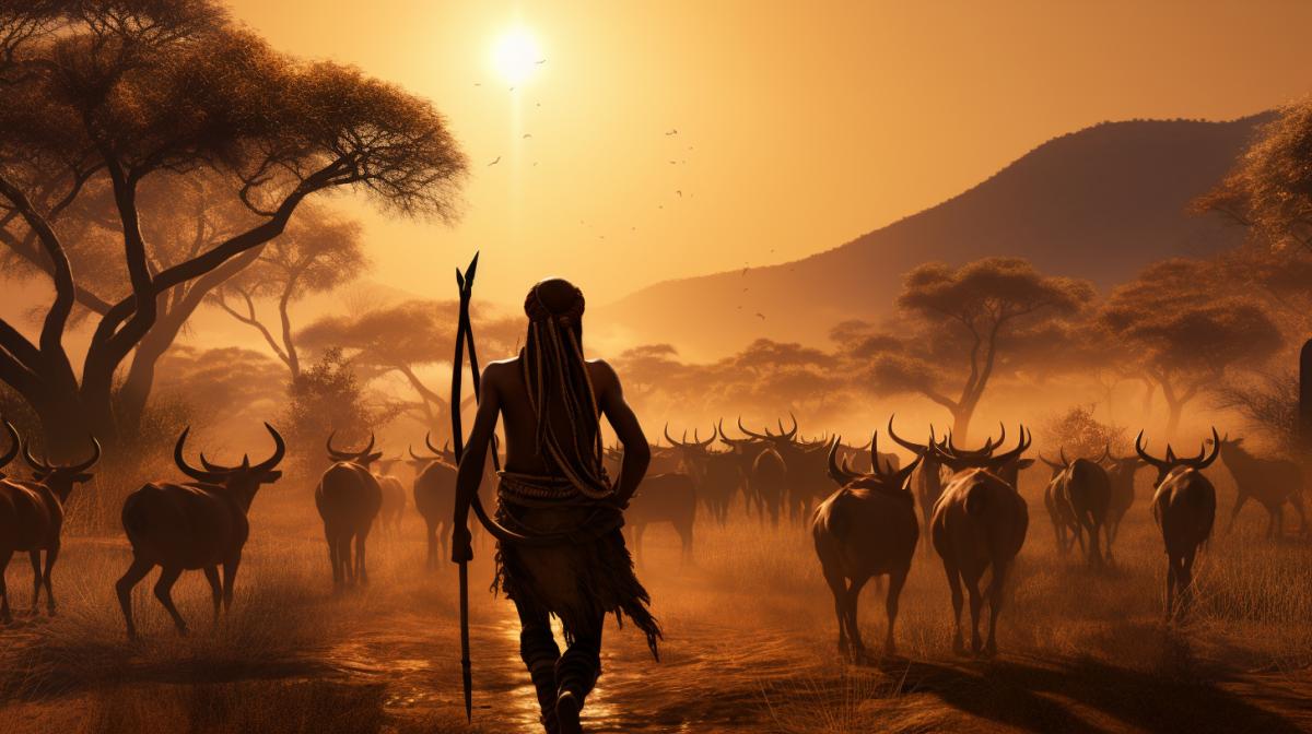 A primitive tribe hunting with spears on antelopes in the African savannah, tattooed bodies, scorching sun, photorealistic, highly detailed, dynamic scene, breathtaking