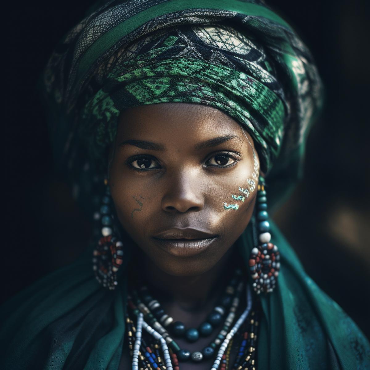African aboriginal woman, dark and blue skin, green eyes, festive outfit, photograph