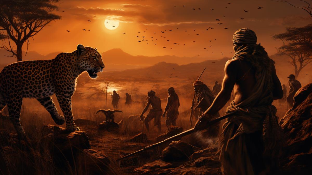 A tribe hunting a leopard in the African savannah, tattooed bodies, scorching sun, photorealistic, highly detailed, dynamic scene, breathtaking