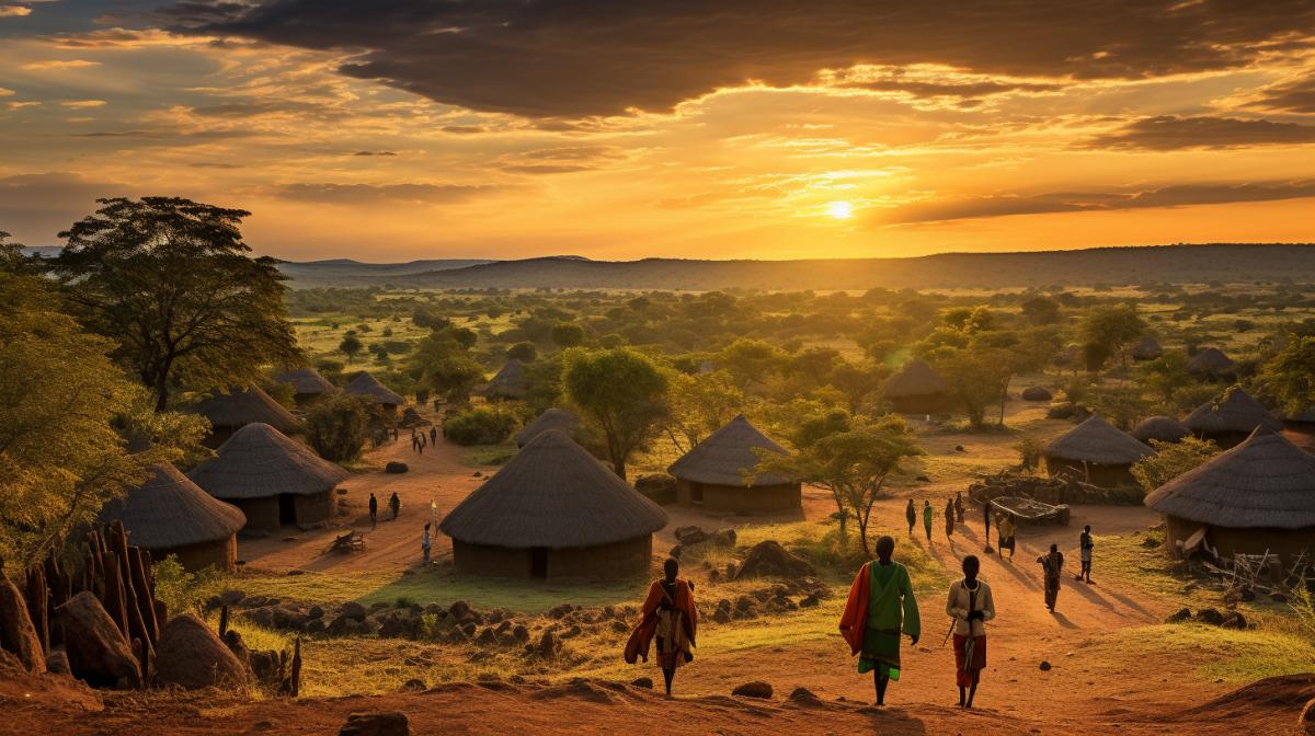 African traditional village, thatched houses, people with traditional clothing, staring sun, beautiful landscape, peaceful scene, professional photography, breathtaking