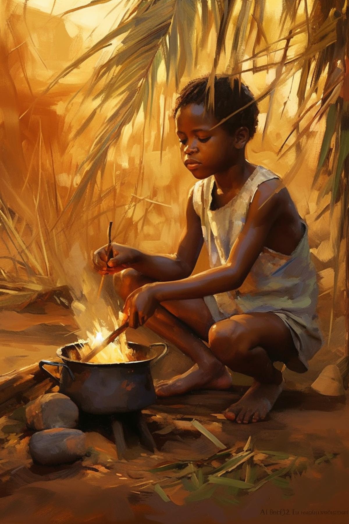 African boy preparing soup over a fire