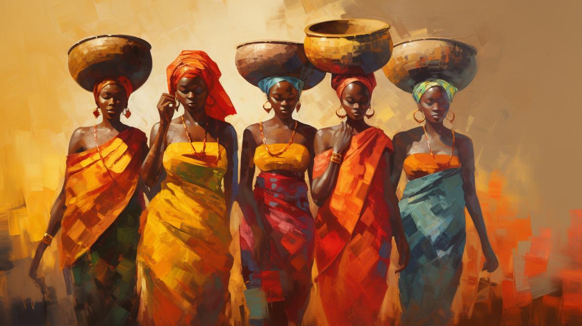 Women in traditional African clothing carrying jugs on their heads, African tribe, bright colors, oil painting